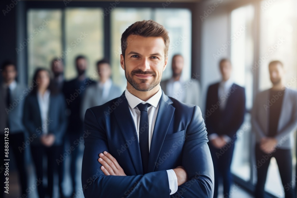 Confident businessman in a suit with a working team in an office. Generative AI. Confident businessman in a suit with a working team in an office. Generative AI.