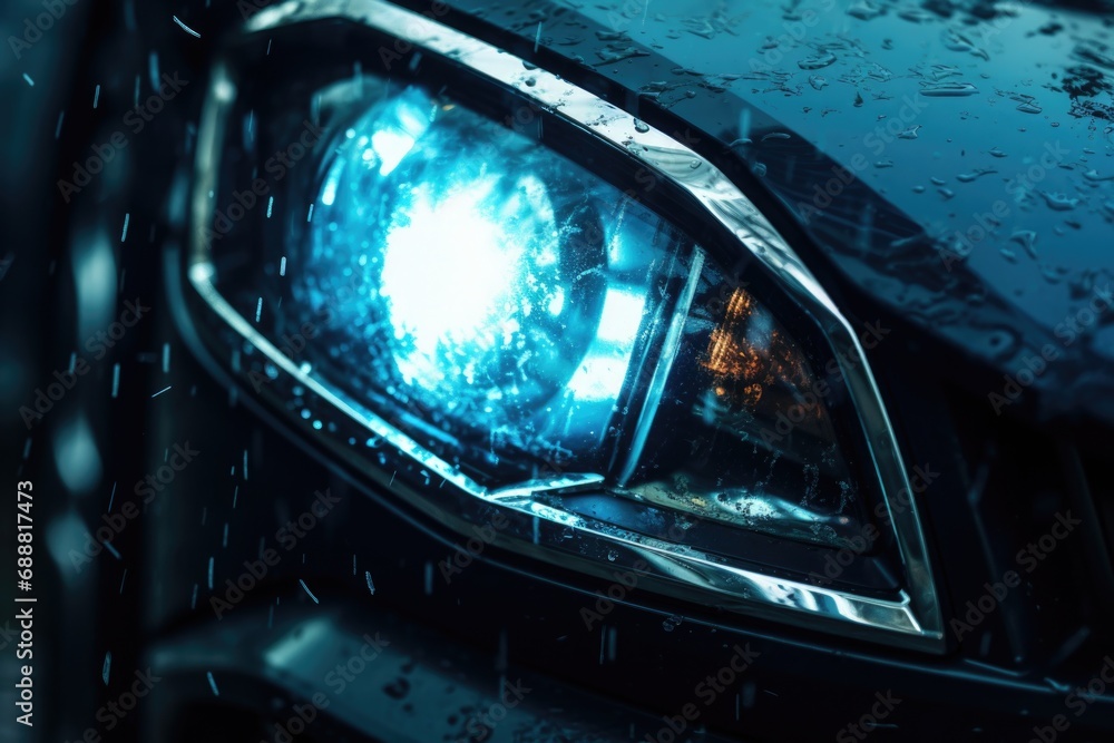 Obraz premium A detailed view of a car's headlight illuminated in the rain. This image can be used to depict wet weather conditions or to symbolize driving in adverse conditions
