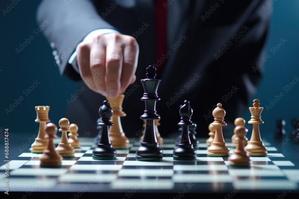 A man in a business suit engaged in a game of chess. Suitable for business strategy and decision-making concepts A man in a business suit engaged in a game of chess. Suitable for business strategy and decision-making concepts