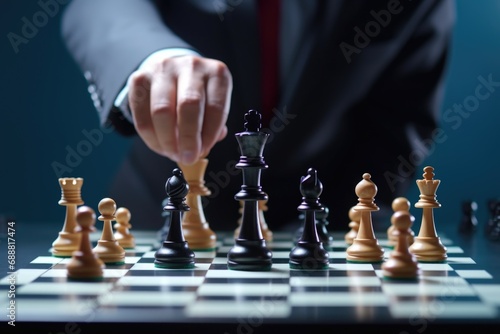A man in a business suit engaged in a game of chess. Suitable for business strategy and decision-making concepts