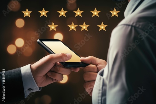 A man is holding a smart phone with five stars on it. This image can be used to represent positive reviews  customer satisfaction  or technology and communication