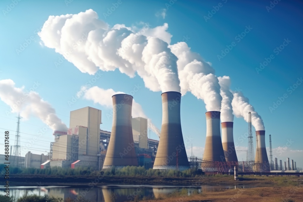 A picture of a factory emitting smoke from its stacks. This image can be used to depict industrial pollution or the manufacturing industry