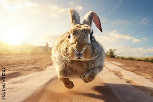 A rabbit running down a dirt road. Suitable for nature, wildlife, or animal-themed projects © Fotograf