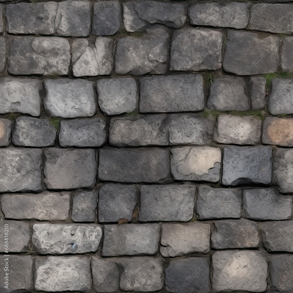 Grey Old Stone Pavement Top View, Granite Cobblestone Road, Green Moss, Wet Surface Grey Old Stone Pavement Top View, Granite Cobblestone Road, Green Moss, Wet Surface