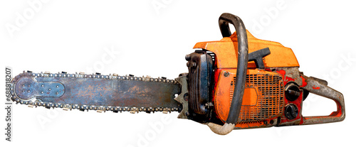 Old dirty chainsaw with an internal combustion engine on an isolated background. photo