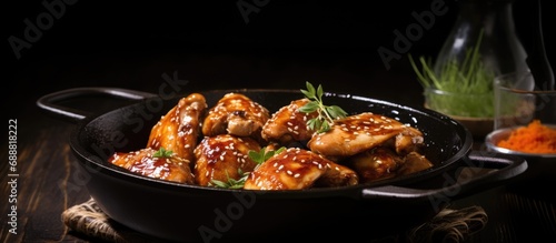 Teriyaki sauce in iron pot with grilled chicken.
