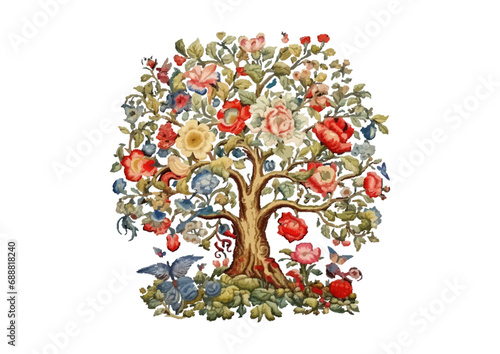 The tree of Life. Traditional symbol. Millefleurs trendy floral design. Clip art, set of elements for design Embroidery imitation. Vector illustration.