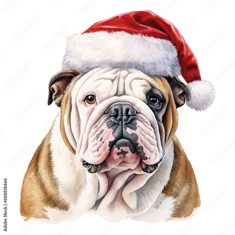 Bulldog Wearing a Santa Hat. AI generated image