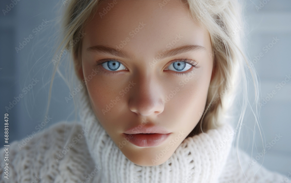 A Christmas girl with blue eyes wearing a white sweater A Christmas girl with blue eyes wearing a white sweater