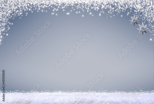 Christmas silver stars on gray background and white snow .