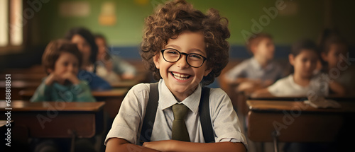 boy smiling and looking at camera happy on his first day of school