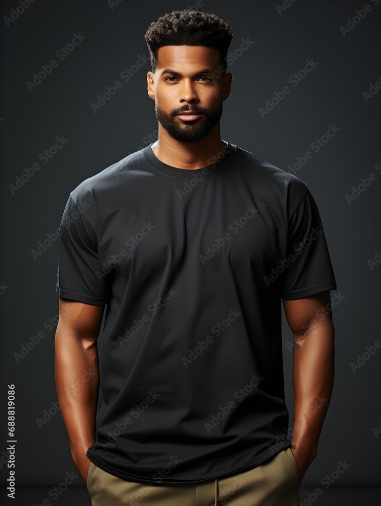 A man wearing a black t-shirt designed for print-on-demand customization.