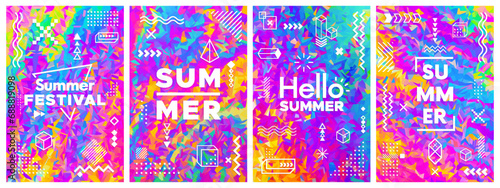 Set of colorful bright summer triangular backgrounds. Trendy artistic design for banner, poster, flyer, cover or invitation. Psychedelic rainbow multicolored promotion design. Vector illustration