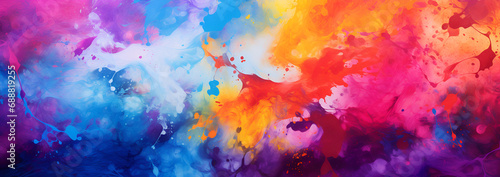 Abstract banner background of colorful abstract paint splatters in rainbow hues