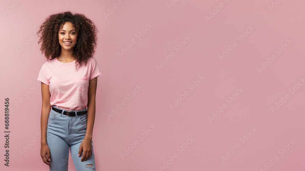 African girl with curly hair dressed in a pink T-shirt and jeans smiles on a pink background. Top view. Space for text. African girl with curly hair dressed in a pink T-shirt and jeans smiles on a pink background. Top view. Space for text.