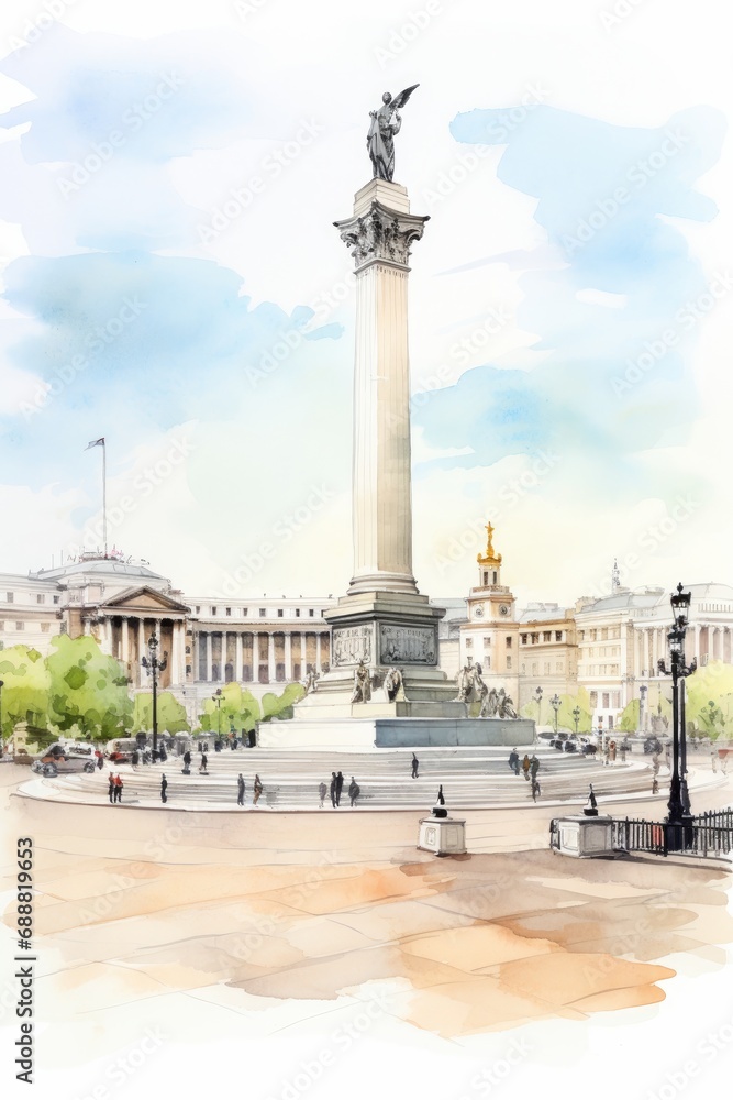 Watercolor sketch of Trafalgar Square in London, white background. AI generate
