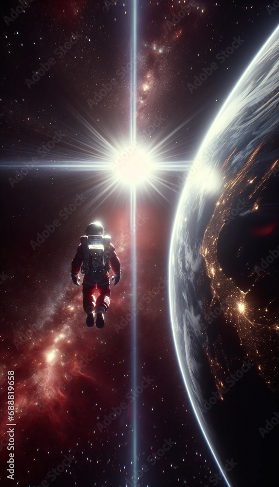 Floating Astronaut Observing Earth and Sun in Space
Floating Astronaut Observing Earth and Sun in Space