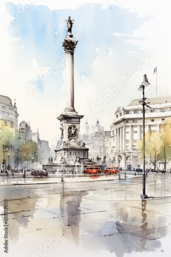 Watercolor sketch of Trafalgar Square in London, white background. AI generate