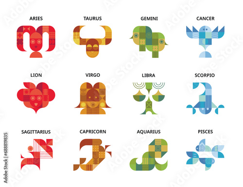 zodiac signs predictions icons symbols Aries Taurus Gemini Cancer Leo Virgo Libra Scorpio Sagittarius Capricorn Aquarius Pisces shape decorative style design vector for printing t-shirts websites 