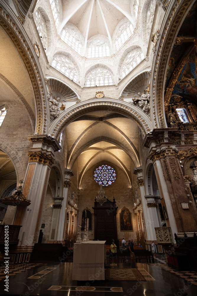 Valencia, Spain -September 25th, 2023: Cathedral of the Assumption (Saint Mary's Cathedral) is a Roman Catholic parish church. Medieval interior architecture. Decorated ceiling in Valencia cathedral.