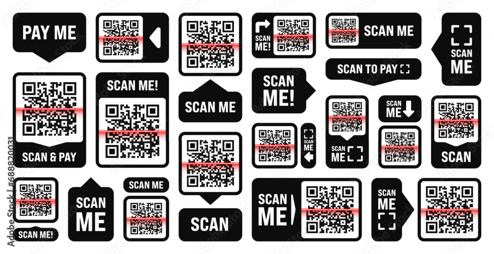 Scan me QR code sticker. Online payment. Special offer sale stickers, shopping discount label or promotional badge. Serial number, product ID. Supermarket retail label, price tag. Vector illustration