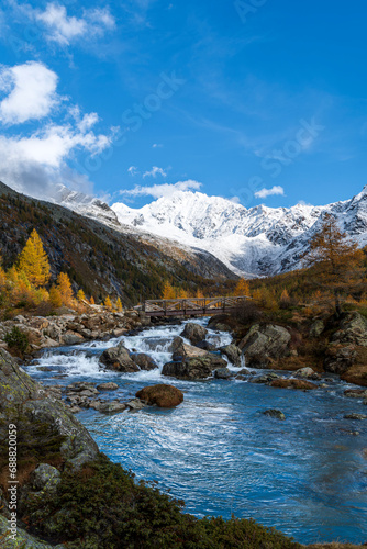 The blue water of Duino creek creates colorful contrast with the yellow larches and the snowcapped mountains