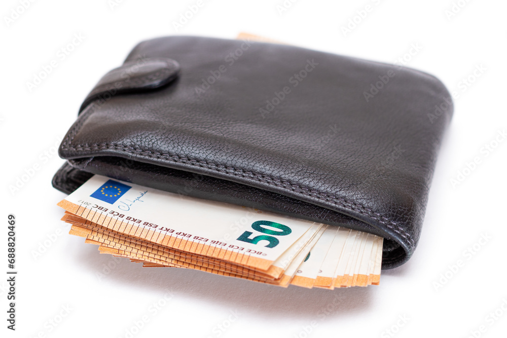 Black Leather Men Wallet with Fifty Euro Banknotes Inside - Isolated on White Background. A Purse Full of Money Symbolizing Wealth, Success and Social Status - Isolation Black Leather Men Wallet with Fifty Euro Banknotes Inside - Isolated on White Background. A Purse Full of Money Symbolizing Wealth, Success and Social Status - Isolation