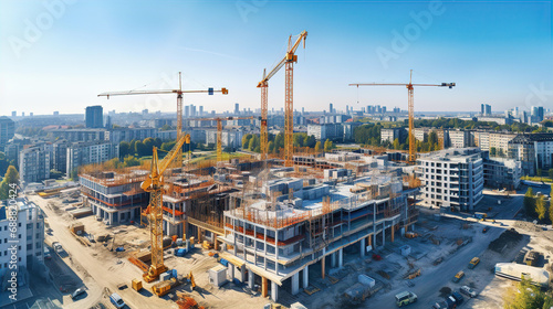 Top view of building construction  site with cranes and industrial machines  photo