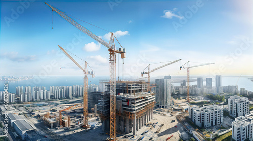Top view of building construction site with cranes and industrial machines 