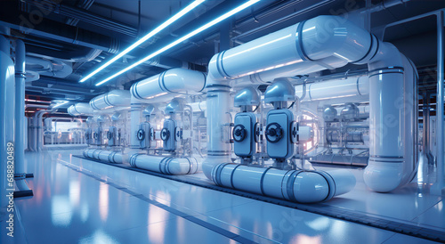  Futuristic power station interior with shiny pipes, storage batteries and neon lights photo