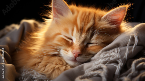 Cute little red kitten sleeps on fur white blanket. generative ai