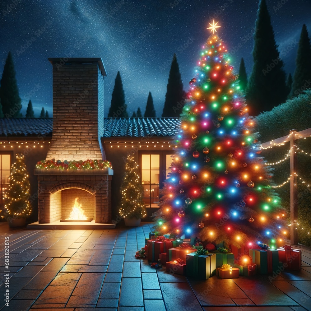 arbol de navidad gigante con chimenea fuera de la casa arbol de navidad gigante con chimenea fuera de la casa