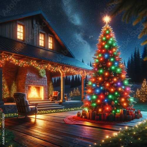 arbol de navidad con casa de fondo y una chimenea