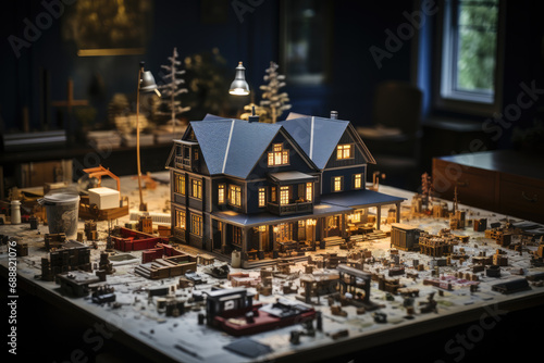 Immerse yourself in a playful world of imagination with this intricately crafted miniature lego house, complete with glowing lights atop its roof, perfect for indoor playtime