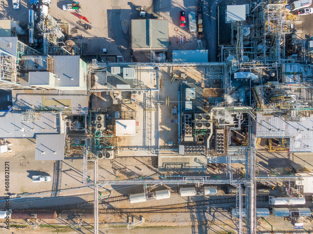 Fototapeta premium Industrial Drone Photos of a Factory Plant Manufacturing Pharmaceuticals 