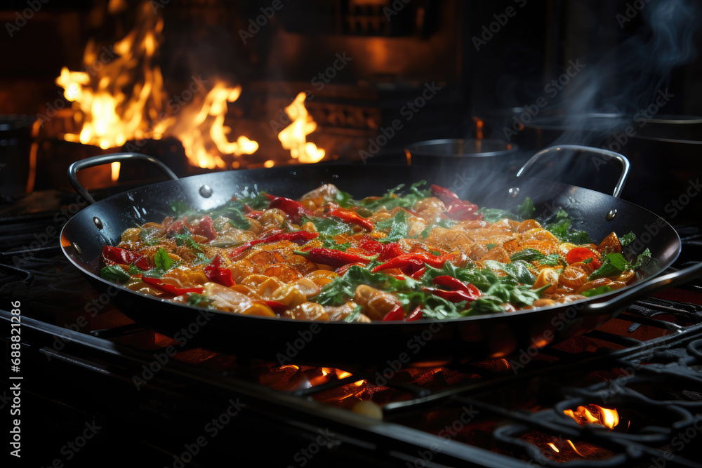 An aromatic dish sizzles in a wok over a fiery stove, blending savory flavors of cuisine and the art of stir frying with fresh vegetables, creating a mouth-watering recipe fit for a karahi or paella
