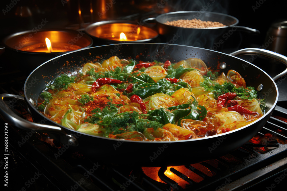 A sizzling wok of colorful vegetables and fragrant spices simmering on a stovetop, promising a mouthwatering fusion of flavors in a homemade karahi dish