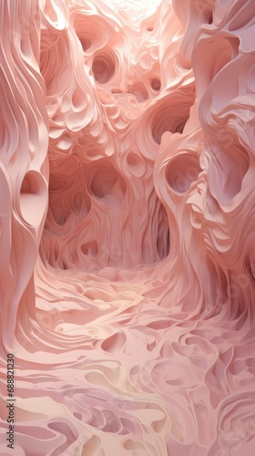 Abstract carved canyon walls in soft pink hues, with flowing lines and curves creating a serene, otherworldly landscape