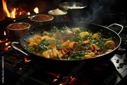 A sizzling stir fry of colorful vegetables and savory spices, simmering in a wok atop a fiery stove, creating a tantalizing aroma of traditional cuisine