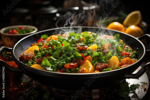 Indulge in the fragrant flavors of a sizzling wok dish, filled with a colorful mix of vegetables and fresh ingredients, served in a rustic bowl, creating a mouthwatering salad that will transport you