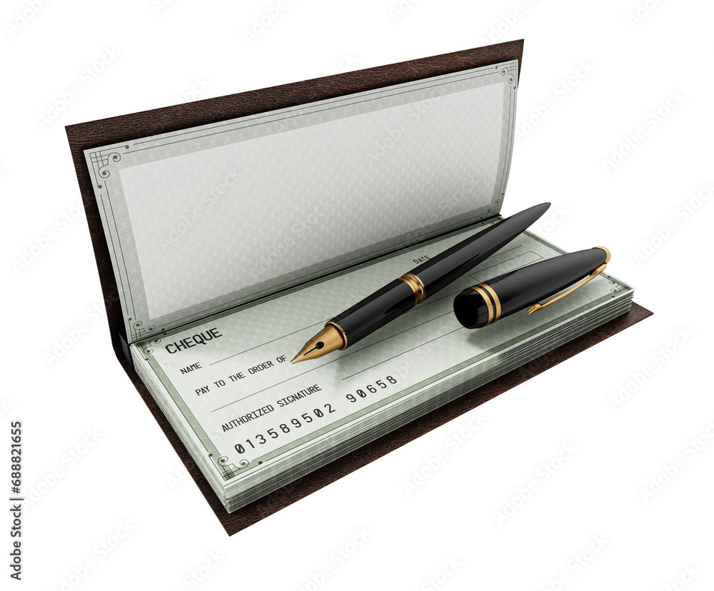 Cheque book and ink pen isolated on transparent background. 3D illustration Cheque book and ink pen isolated on transparent background. 3D illustration