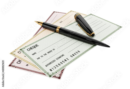 Colored cheques and ink pen isolated on transparent background. 3D illustration