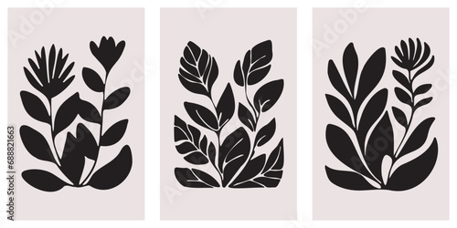 Abstract black silhouette plant and leaves wall art matisse style. Vector illustration.