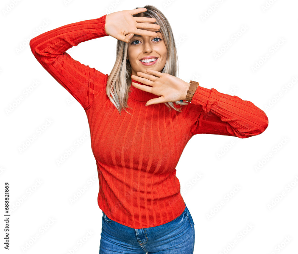 Beautiful blonde woman wearing casual clothes smiling cheerful playing peek a boo with hands showing face. surprised and exited Beautiful blonde woman wearing casual clothes smiling cheerful playing peek a boo with hands showing face. surprised and exited