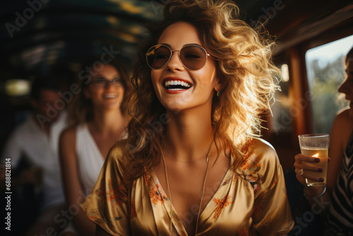 A stylish lady enjoying a drink at an indoor bar, her face adorned with a bright smile and sunglasses adding to her chic look