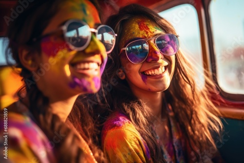 Portrait of Indian young women on a bus. Festival of Colors Holi in India. happy girls with glasses