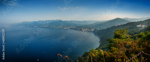 panoramic seascape with mountains on the Gulf of Golfo Paradiso, Riviera Ligu...