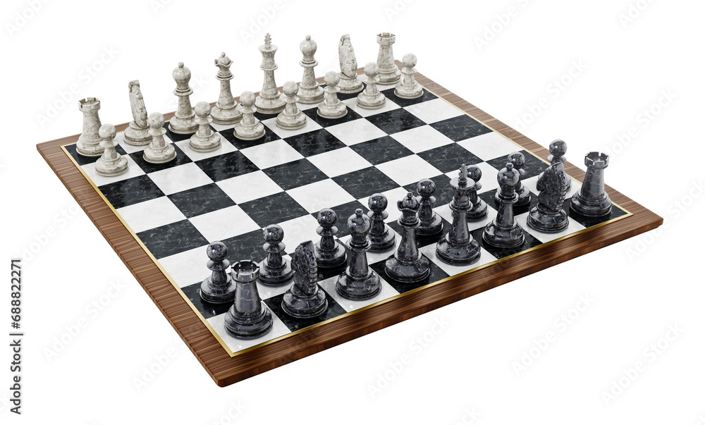 Chessboard with black and white chess pieces isolated on transparent background. 3D illustration Chessboard with black and white chess pieces isolated on transparent background. 3D illustration