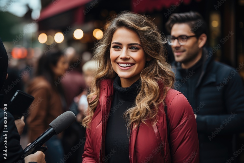 A confident woman in a stylish jacket stands in front of a bustling street, smiling and holding a microphone while a man watches on, surrounded by a lively crowd and the backdrop of a city building