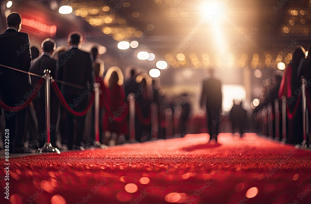 a red carpet line near a person and people in front of it Generative AI